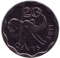 Слон. Монета 20 центов. 2011 год, Свазиленд. (Диаметр 24 мм).