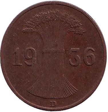 Монета 1 рейхспфенниг. 1936 год (D), Веймарская республика. Монета 1 рейхспфенниг. 1936 год (D), Веймарская республика.