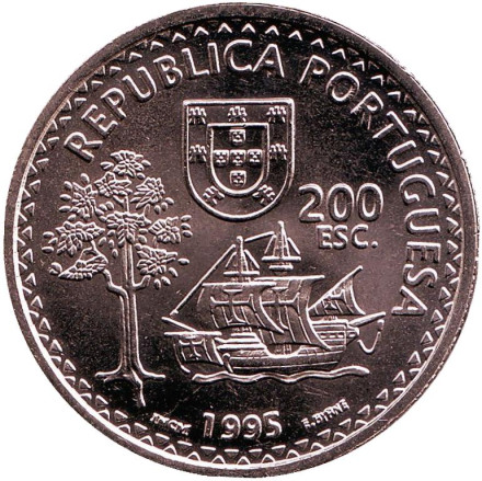 Монета 200 эскудо. 1995 год, Португалия. 480 лет островам Солор и Тимор.