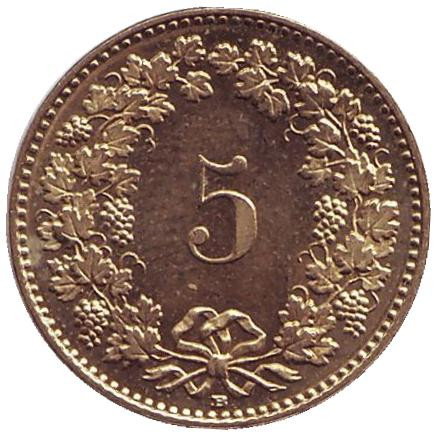 Монета 5 раппенов. 2008 год, Швейцария.