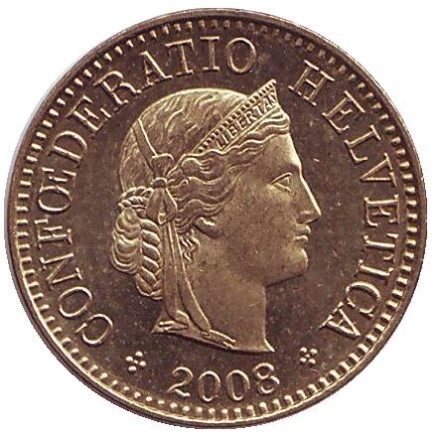 Монета 5 раппенов. 2008 год, Швейцария.