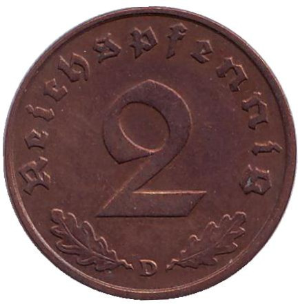 Монета 2 рейхспфеннига. 1936 год (D), Германия (Третий Рейх).