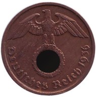 Монета 2 рейхспфеннига. 1936 год, Германия (Третий Рейх). (D). Монета 2 рейхспфеннига. 1936 год, Германия (Третий Рейх). (D).