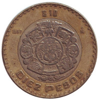 Тонатиу. Ацтекский солнечный камень. Орел. Монета 10 песо. 1997 год, Мексика.