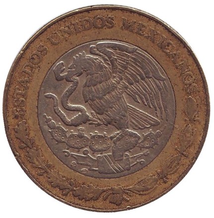 Монета 10 песо. 1997 год, Мексика. Тонатиу. Ацтекский солнечный камень. Орел.