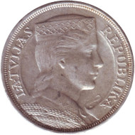 Монета 5 латов. 1931 год, Латвия. Милда. Монета 5 латов. 1931 год, Латвия. Милда.