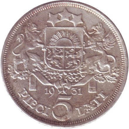 Монета 5 латов. 1931 год, Латвия. Милда.