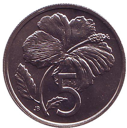Монета 5 центов. 1974 год, Острова Кука. UNC. Гибискус.