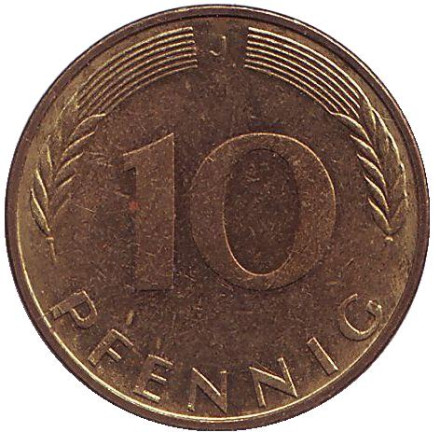 Монета 10 пфеннигов. 1972 год (J), ФРГ. Дубовые листья.