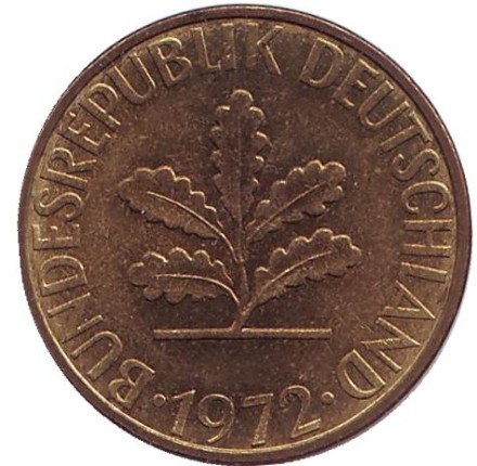 Монета 10 пфеннигов. 1972 год (J), ФРГ. Дубовые листья. Монета 10 пфеннигов. 1972 год (J), ФРГ. Дубовые листья.