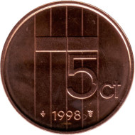 Монета 5 центов. 1998 год, Нидерланды. BU. Монета 5 центов. 1998 год, Нидерланды. BU.