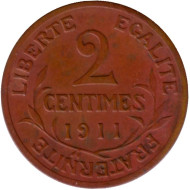 Монета 2 сантима. 1911 год, Франция. Монета 2 сантима. 1911 год, Франция.