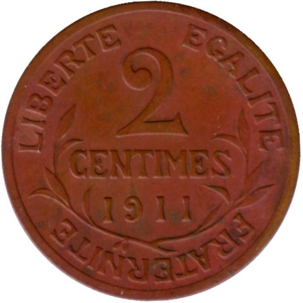 Монета 2 сантима. 1911 год, Франция.