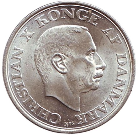 Монета 2 кроны. 1945 год, Дания. 75 лет королю Дании Кристиану Х.