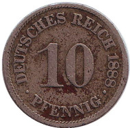 Монета 10 пфеннигов. 1888 год (А), Германская империя. Монета 10 пфеннигов. 1888 год (А), Германская империя.