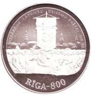 Монета 10 латов. 1998 год, Латвия. 800 лет Риге. XIX век. Монета 10 латов. 1998 год, Латвия. 800 лет Риге. XIX век.