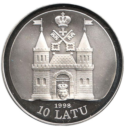 Монета 10 латов. 1998 год, Латвия. 800 лет Риге. XIX век. Монета 10 латов. 1998 год, Латвия. 800 лет Риге. XIX век.