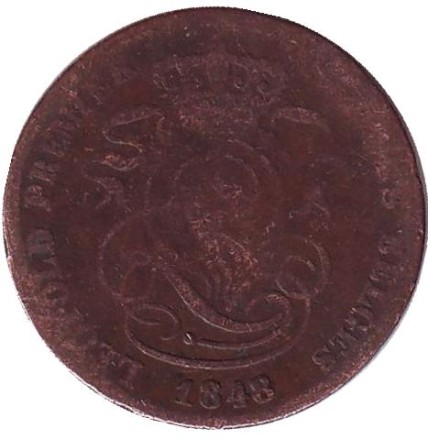 Монета 2 сантима. 1848 год, Бельгия. Редкая! Монета 2 сантима. 1848 год, Бельгия. Редкая!