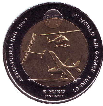 Монета 5 евро. 1997 год, Финляндия. Всемирные воздушные игры в Турции. Воздушный транспорт.