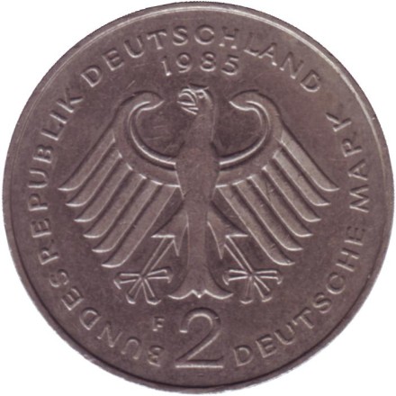 Монета 2 марки. 1985 год (F), ФРГ. Теодор Хойс. Монета 2 марки. 1985 год (F), ФРГ. Теодор Хойс.