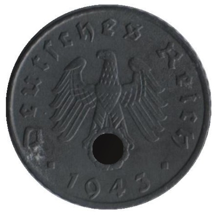 Монета 5 рейхспфеннигов. 1943 год, Германия (Третий Рейх). (E). Монета 5 рейхспфеннигов. 1943 год, Германия (Третий Рейх). (E).