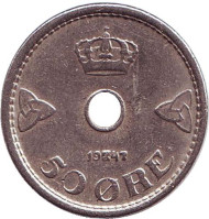 Монета 50 эре. 1947 год, Норвегия. Монета 50 эре. 1947 год, Норвегия.