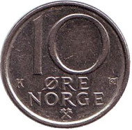 Монета 10 эре. 1989 год, Норвегия. Монета 10 эре. 1989 год, Норвегия.