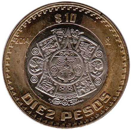Монета 10 песо. 2014 год, Мексика. UNC Тонатиу. Ацтекский солнечный камень. Орёл.