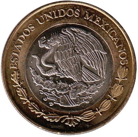 Монета 10 песо. 2014 год, Мексика. UNC Тонатиу. Ацтекский солнечный камень. Орёл.