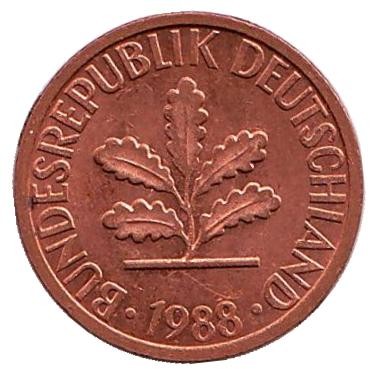 Монета 1 пфенниг. 1988 год (F), ФРГ. Дубовые листья.