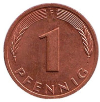 Дубовые листья. Монета 1 пфенниг. 1988 год (F), ФРГ.