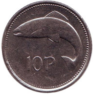 Монета 10 пенсов. 1995 год, Ирландия. Лосось. Монета 10 пенсов. 1995 год, Ирландия. Лосось.
