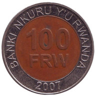 Монета 100 франков. 2007 год, Руанда. Из обращения. Монета 100 франков. 2007 год, Руанда. Из обращения.