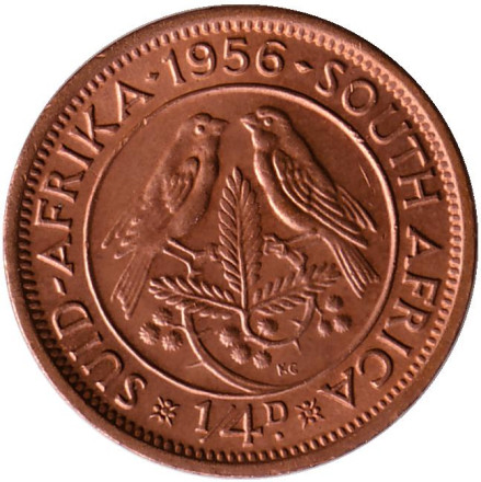 Монета 1/4 пенни (фартинг). 1956 год, ЮАР. Птицы.