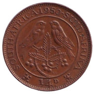 Монета 1/4 пенни (фартинг). 1950 год, ЮАР. Птицы. Монета 1/4 пенни (фартинг). 1950 год, ЮАР. Птицы.