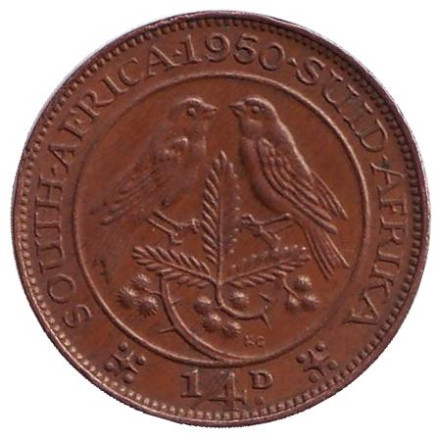 Монета 1/4 пенни (фартинг). 1950 год, ЮАР. Птицы.