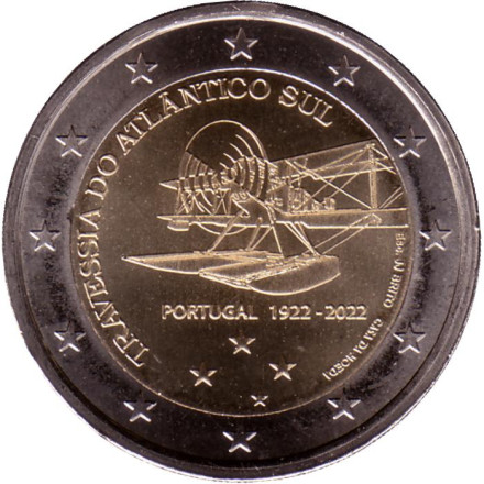 Монета 2 евро. 2022 год, Португалия. 100 лет первому перелёту Южной Атлантики.