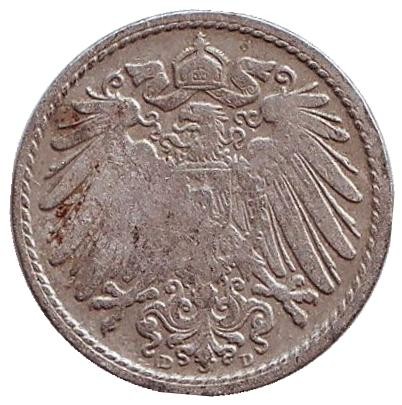 Монета 5 пфеннигов. 1894 год (D), Германская империя.
