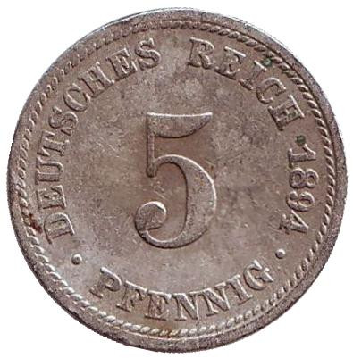 Монета 5 пфеннигов. 1894 год (D), Германская империя.