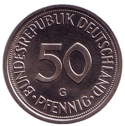 Монета 50 пфеннигов. 1981 (G) год, ФРГ. Женщина, сажающая дуб.