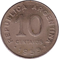 Монета 10 сентаво. 1955 год, Аргентина. Генерал Хосе де Сан-Мартин.
