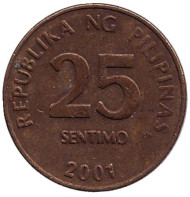 Монета 25 сентимо. 2001 год, Филиппины. Монета 25 сентимо. 2001 год, Филиппины.