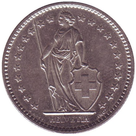 Монета 2 франка. 1982 год, Швейцария. Гельвеция. Монета 2 франка. 1982 год, Швейцария. Гельвеция.