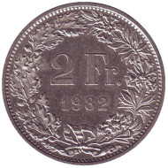 Монета 2 франка. 1982 год, Швейцария. Гельвеция.