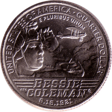 Монета 25 центов. 2023 год (D), США. Бесси Колман. Серия "Американские женщины".