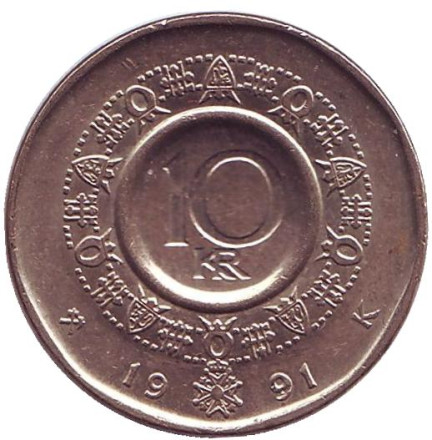 Монета 10 крон. 1991 год, Норвегия. Король Улаф V.