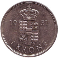 Монета 1 крона. 1981 год, Дания. Монета 1 крона. 1981 год, Дания.