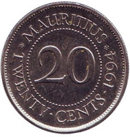 Монета 20 центов. 1994 год, Маврикий. Монета 20 центов. 1994 год, Маврикий.