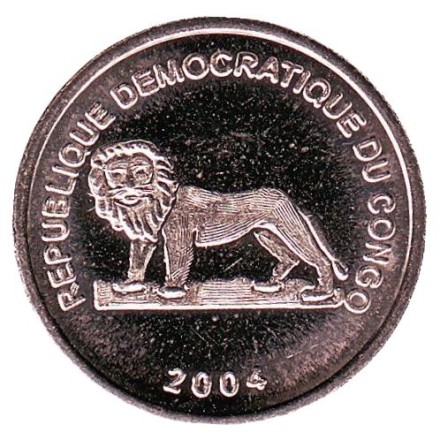 Монета 1 франк. 2004 год, Конго. Золотая кошка. Монета 1 франк. 2004 год, Конго. Золотая кошка.