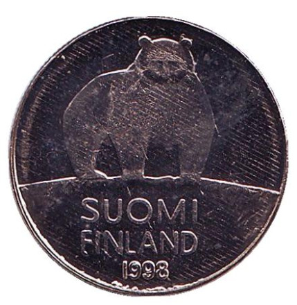Монета 50 пенни. 1998 год, Финляндия. UNC. Медведь.